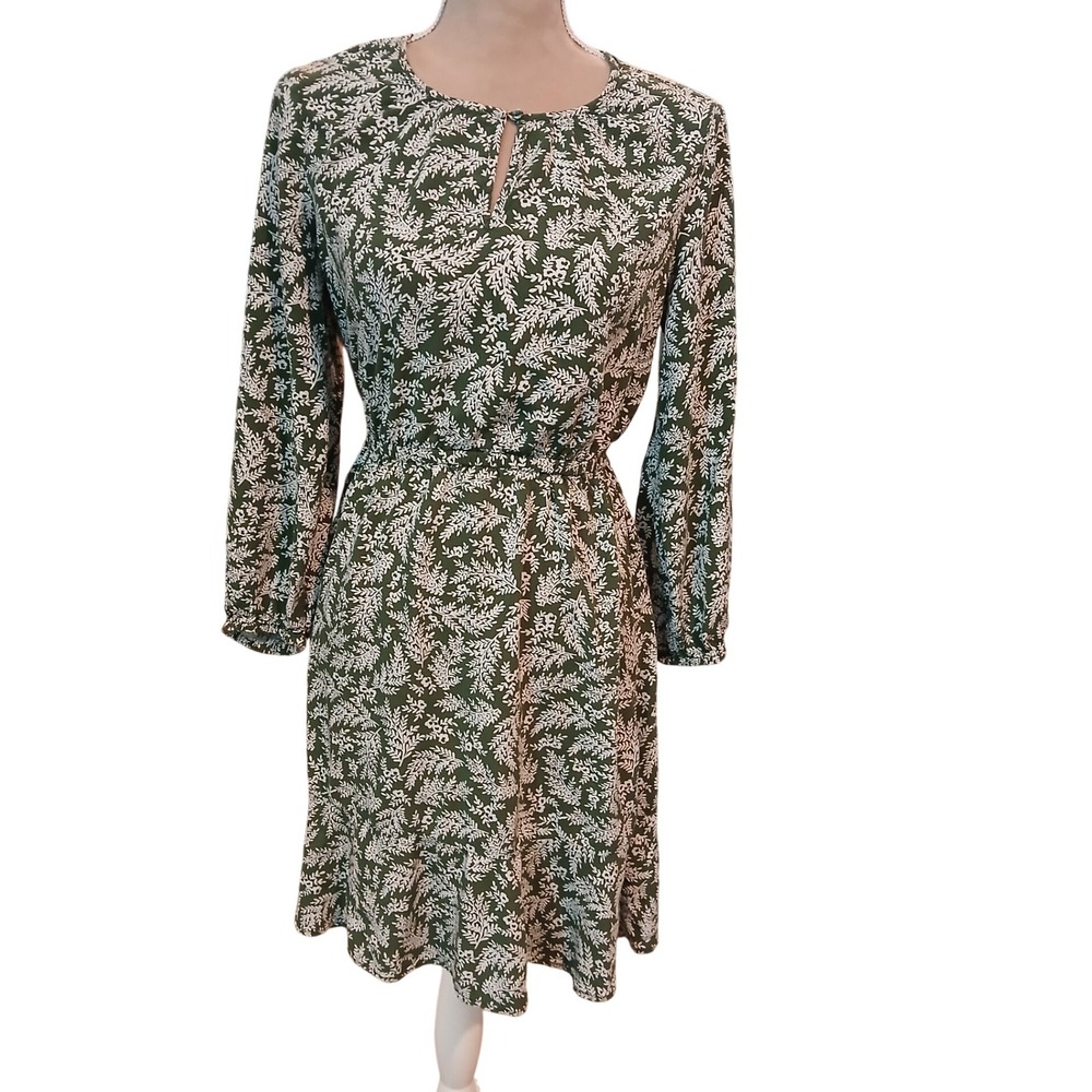 Old Navy Green White Leaf Print Keyhole Neck Long Sleeve Cottagecore Dress Sz S